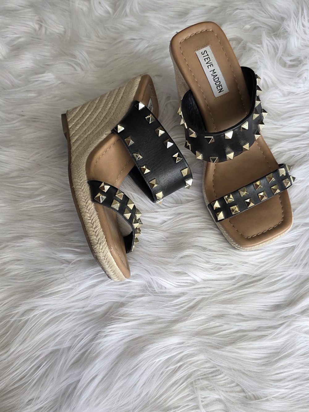 Steve Madden Black Studded Espadrille Wedge Sandals